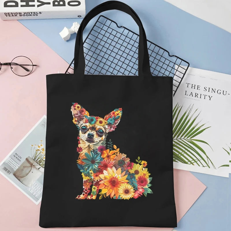 FLORAL DOG TOTE BAG BLACK