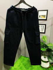 BLACK 5 POCKETS FLEECE CARGO PANTS